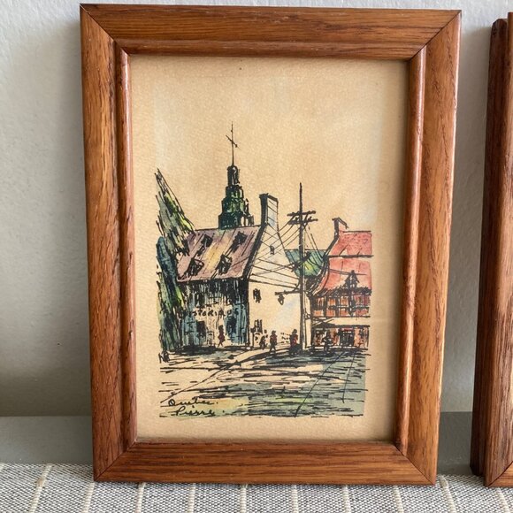 Set Of 2 Paintings Quebec Scene Small Mini Artwork Aged Patina Cottage Signed - Picture 2 of 14